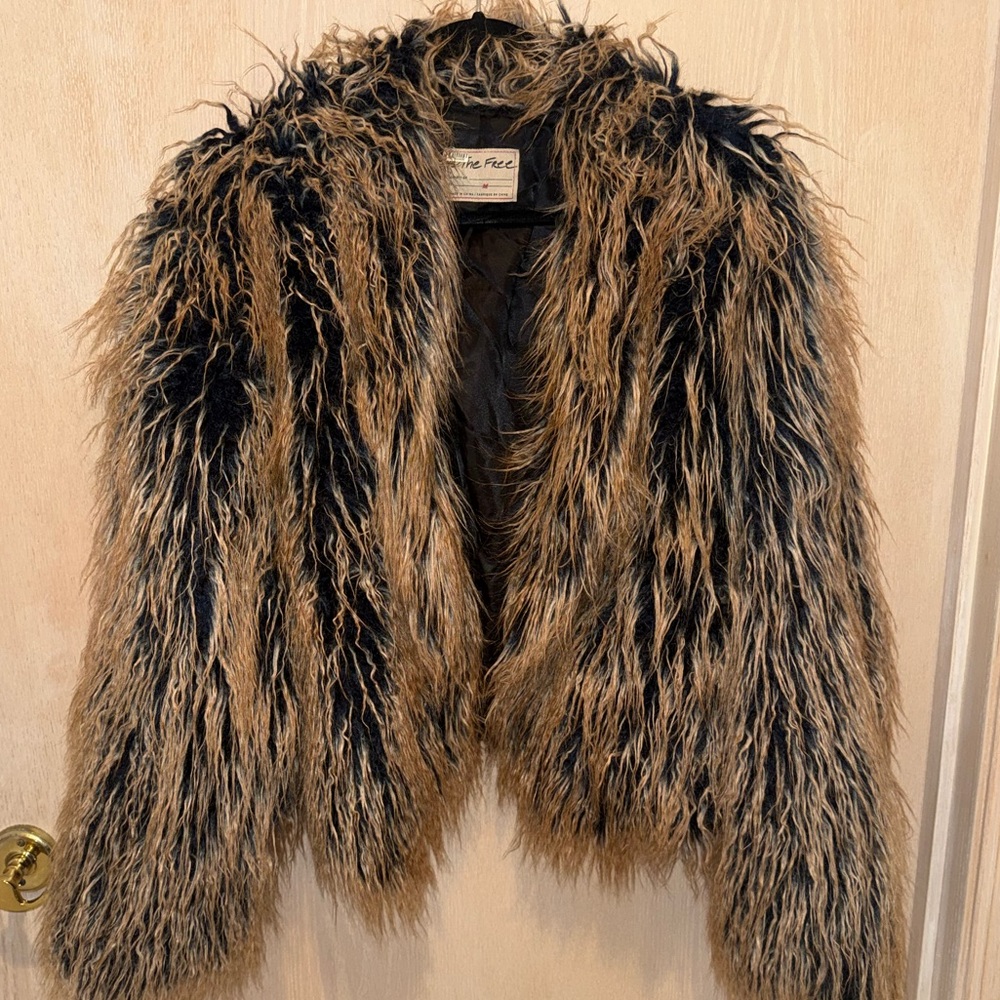 Free People Faux Fur Jacket in Black and Tan